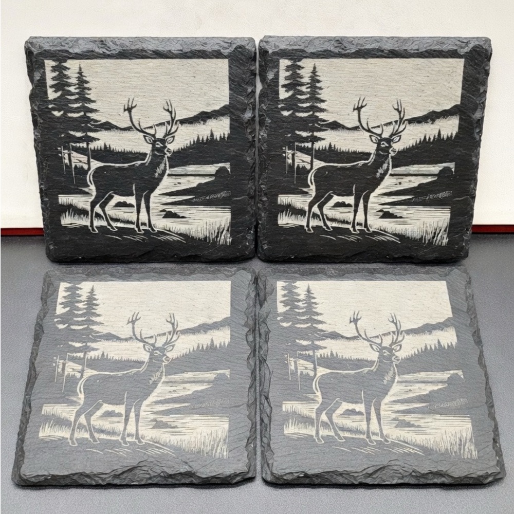 Rustic Deer Slate Coasters‎ - Black and Gray (Set of 4) Laser Engraved Coated